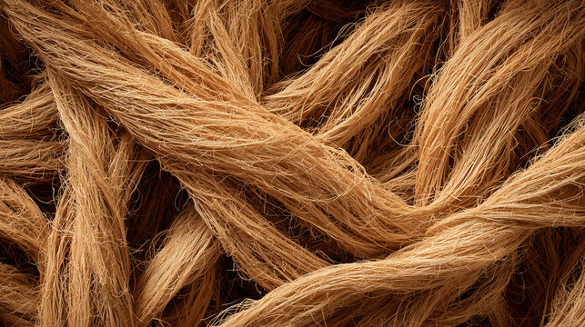 Bundles of natural raffia fiber twisted into rope strands with frayed golden tan threads shown in full frame macro detail for organic rustic background use