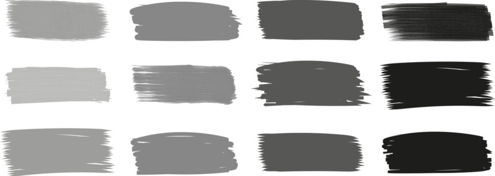 Gray and black textured paint swatches collection with rough hand drawn ink marks for artistic graphic design