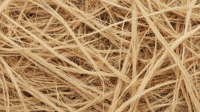 Tangled pale raffia natural fibers in wispy straw colored strands forming a full frame organic texture for rustic backgrounds and craft design