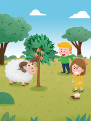 Fototapeta premium A sheep tried to use its horns to damage a low fruit tree, and the boy and girl quickly shouted to stop it.