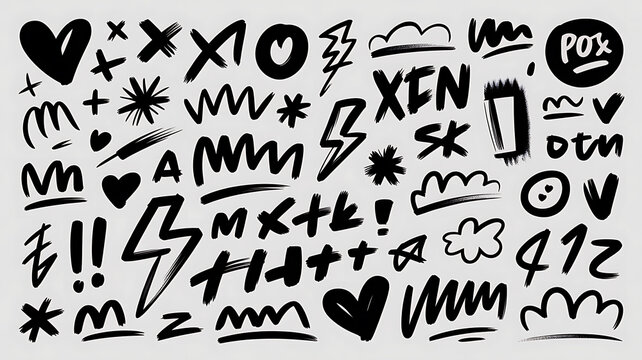 Collection of black marker doodles and expressive graphic symbols featuring hearts lightning bolts and abstract shapes.