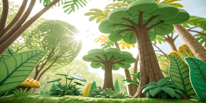 Stylized clay model of a lush green forest landscape with landscape miniature sculpture stylized creative background woodland sunlight handmade perspective adventure imagination ecosystem