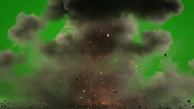 Massive explosion erupts with dark smoke and debris against a green screen background