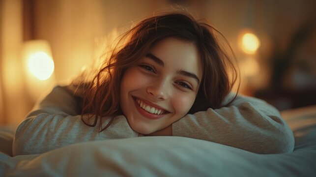 woman smiling in bed at night