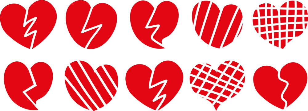 Red broken and patterned heart shapes collection for romantic love greeting card design elements