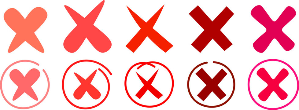 Red hand drawn cross mark shapes collection with circular frames for feedback and correction design elements