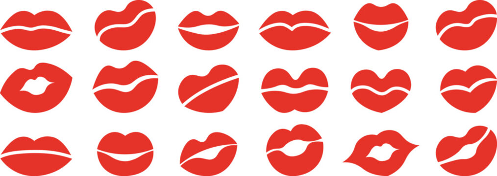 Red lip kiss mark collection with creative flat solid lipstick shape graphic elements for beauty design