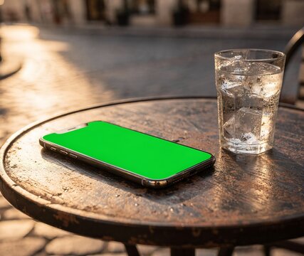 Smartphone with Green Screen Mockup on Outdoor Cafe Metal Table at Golden Hour with Drink