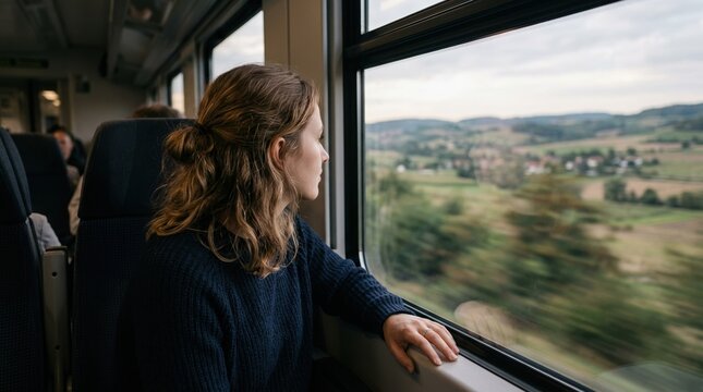 Young woman looking out of a train window at the passing landscape. Female passenger on a journey. Travel and commuting concept. Motion blur of countryside through window