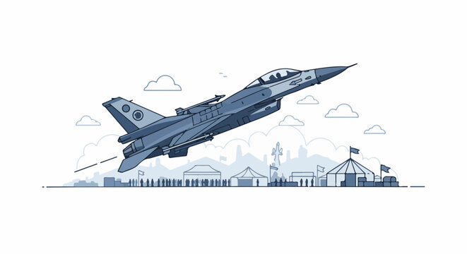 Jet fighter soaring over a festival with tents, flags, and crowds