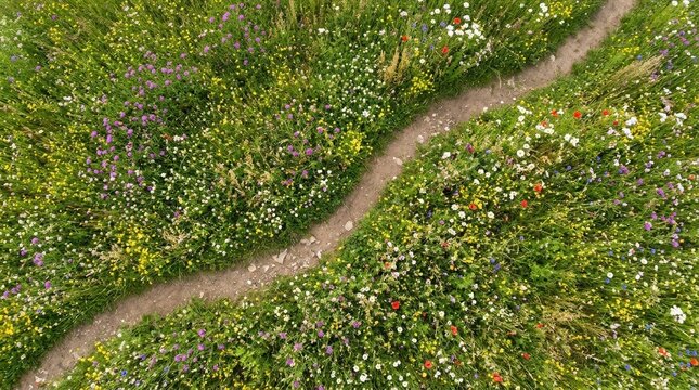 Aerial view of a dirt path winding through a colorful wildflower meadow. Top down perspective of a trail in a green field with blooming spring flowers. Natural landscape background