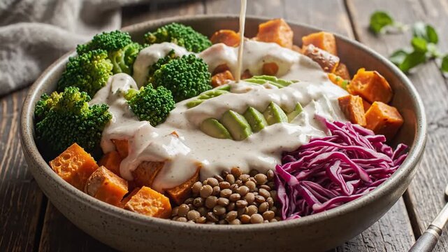 Pouring creamy dressing over a fresh vegan Buddha bowl