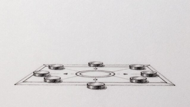 Black-and-white drawing plain light-colored paper smooth texture square-shaped surface circular knobs arranged