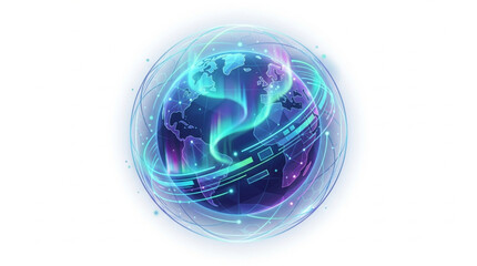 Digital Globe with Glowing Aurora and Data Streams. © Farika