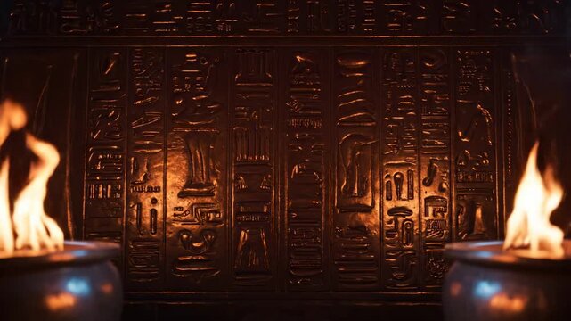 Glowing bronze hieroglyphic relief flanked by flames, a mysterious ritual