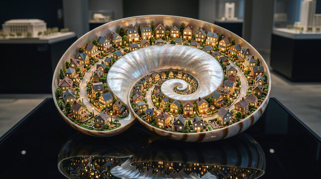 Miniature Village Town Inside Giant Spiral Nautilus Shell on Display Pedestal &ndash; Real Estate Urban Planning Concept