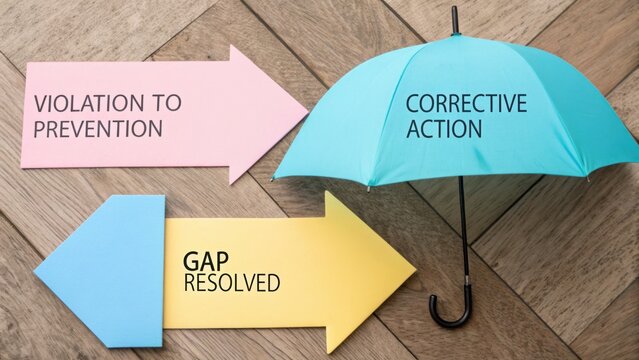Visual Representation of Compliance Process Highlighting Violation to Prevention, Gap Resolved, and Corrective Action with Umbrella Symbolism