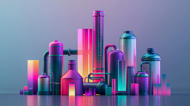 ナフサ供給と石油化学産業を表現した精製プラント設備の3Dイラスト