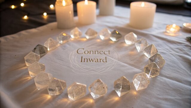 Peaceful meditation scene with crystals and candles creating a serene atmosphere for mindfulness and self-reflection on a soft fabric surface