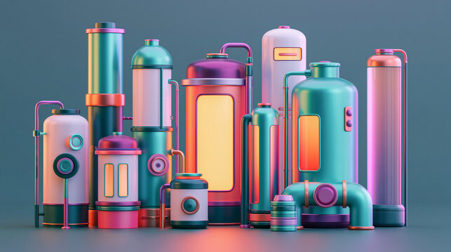 ナフサと石油化学プラントを表現した未来的な精製設備の3Dイラスト