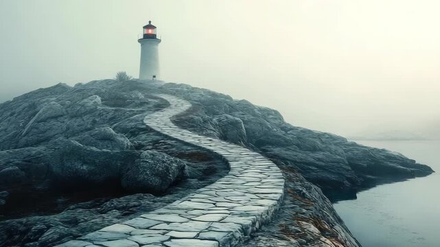 A lighthouse stands on a rocky shore as a winding path leads to it. Fog surrounds the area during early morning. Calm waters reflect the lighthouse and stones