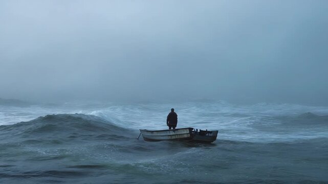 Solitary Boat Navigating Rough Ocean Waves in Stormy Weather Scene