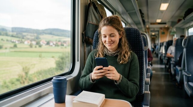 Young woman using smartphone on a train. Smiling female passenger traveling by rail with scenic window view. Commuter lifestyle with coffee and book