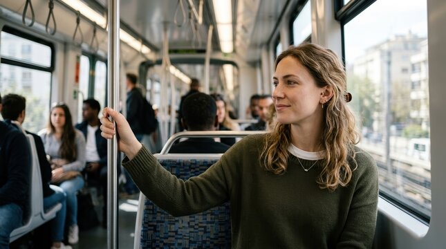 Young woman commuting on a tram. Caucasian female passenger looking out the window of public transport. Urban lifestyle and daily city commute