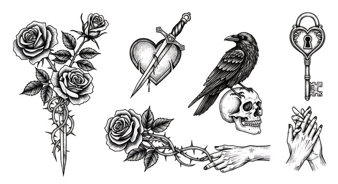 Black and white symbolic tattoos with roses, heart, sword, crow, skull, isolated on a transparent background
