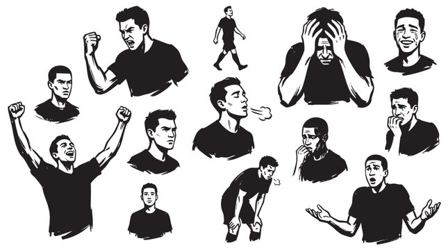 Football player emotions vector icons showing joy anger frustration and celebration.