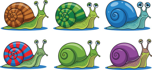 Colorful Cartoon Snail Collection Set with Different Spiral Shell Designs Cute Garden Mollusk Characters for Children Education and Nature Themes © EdGe Creative