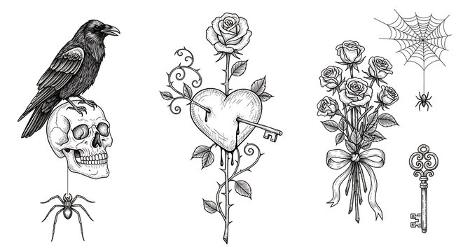 Dark romantic symbols with skull, crow, spider, roses, and keys on transparent background, isolated on a, transparent background