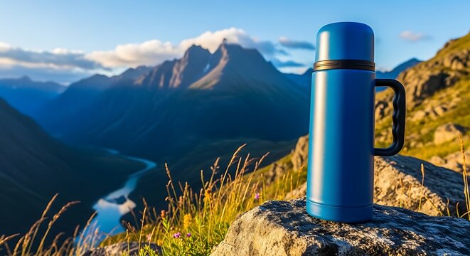 Blue Insulated Thermos Bottle Standing on Mountain Rock at Scenic Alpine Viewpoint