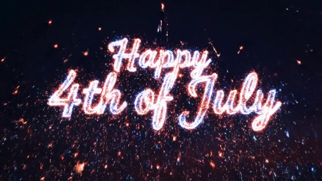 Happy 4th of July text with fireworks and sparks, celebrating American Independence Day.