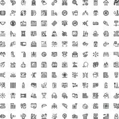 Fototapeta premium Large collection of diverse line art symbols covering topics like finance, health, business, daily life activities, technology, and travel, for web and app design