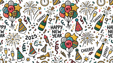 Fototapeta premium Colorful Hand Drawn New Year 2025 Celebration Doodle Pattern Background with Confetti and Party Hats