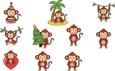 Obraz premium Cute Cartoon Monkey Character Collection Featuring Birthday, Christmas, Love, Swinging, Tropical Island, and Adorable Animal Illustrations