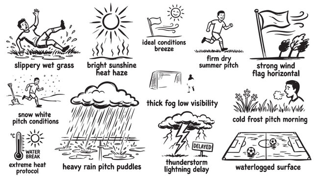 Set of soccer weather and playing conditions icons representing environmental factors affecting field performance.