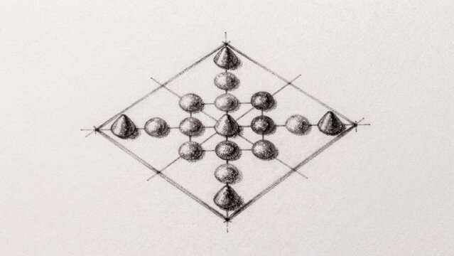 Black-and-white drawing plain white surface which appears textured paper symmetrical diamond-shaped structure