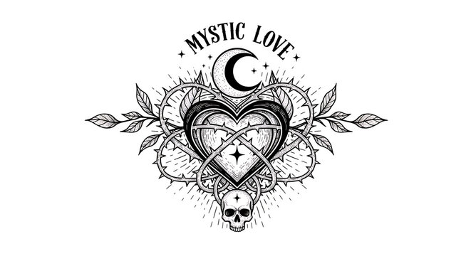 Mystic love emblem with skull, hearts, and crescent moon, surrounded by leaves isolated on a transparent background
