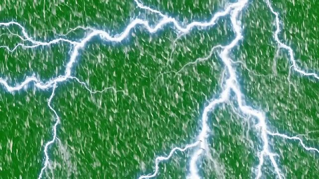 Bright electric lightning bolts strike a textured green surface, evoking power and energy.