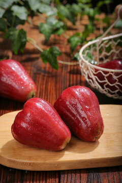 Fresh Red Wax Apples Water Droplets Wooden Board Hainan Tropical Fruit
