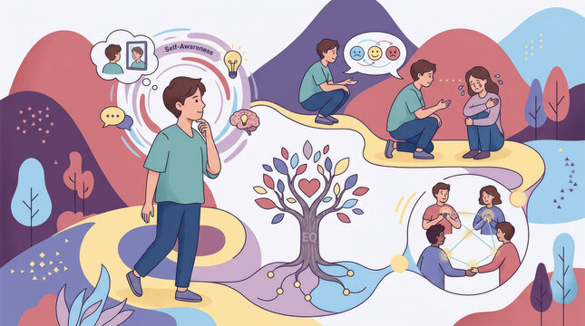 People experience different life stages along a winding path, a growing tree represents family connections and personal development.