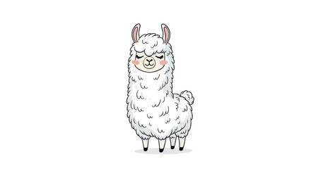 Naklejka premium Charming illustration of a fluffy white llama standing with its eyes closed in a calm and peaceful posture.