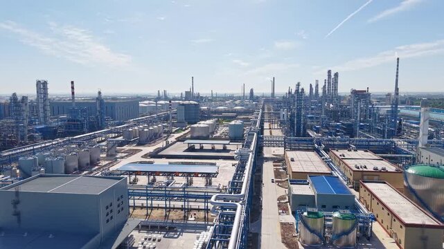Aerial View of a Large Petrochemical Plant Complex with Distillation Towers and Storage Tanks
