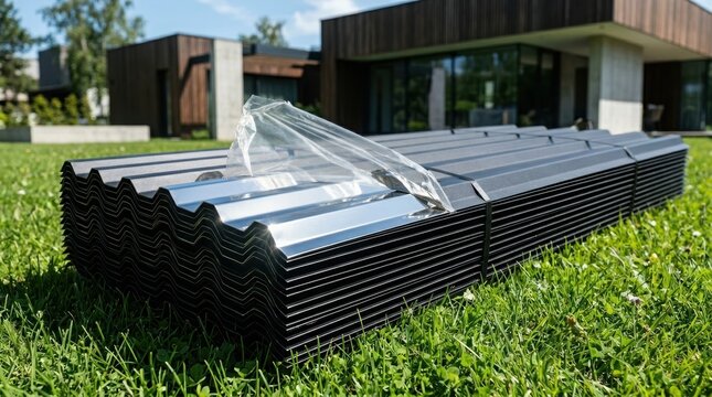 Stack of corrugated metal roofing sheets lying on green grass at construction site. Building material for house exterior renovation. Modern architecture project, industrial supply.