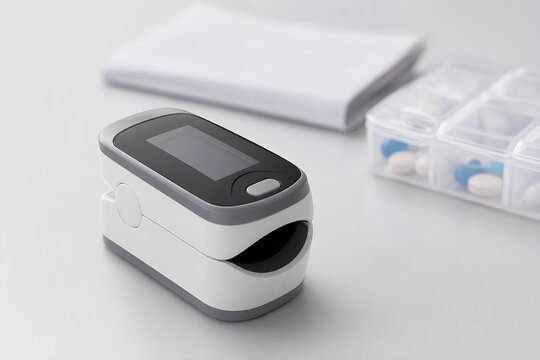Medical device rests on clean, minimalist surface. White and gray design highlights modern healthcare tools. Pulse oximeter sits beside pill organizer and notepad