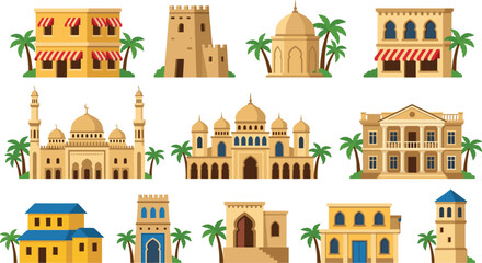 Arabian Architecture Building Set with Mosque, Palace, Castle, and Traditional Middle Eastern Structures Surrounded by Palm Trees in Flat Style © MstTazmina
