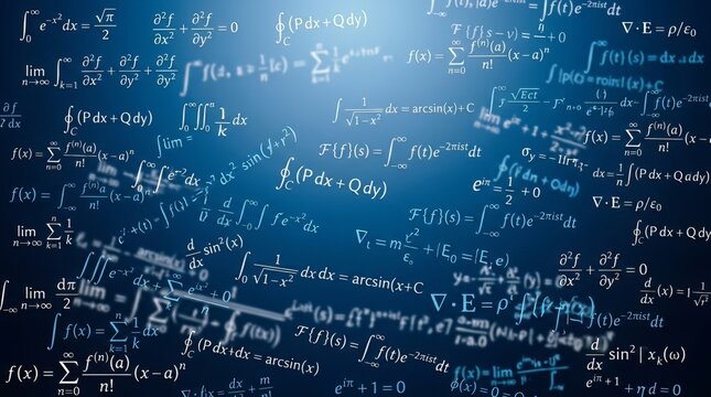 Complex mathematical equations and formulas floating on a dark blue background, representing science and knowledge.