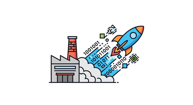 Rocket launching from factory with binary code vector illustration